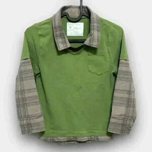 Peekaboo Beans Layered Rugby Top 8 Plaid Collar Sleeve Pocket Thumbhole Cuffs